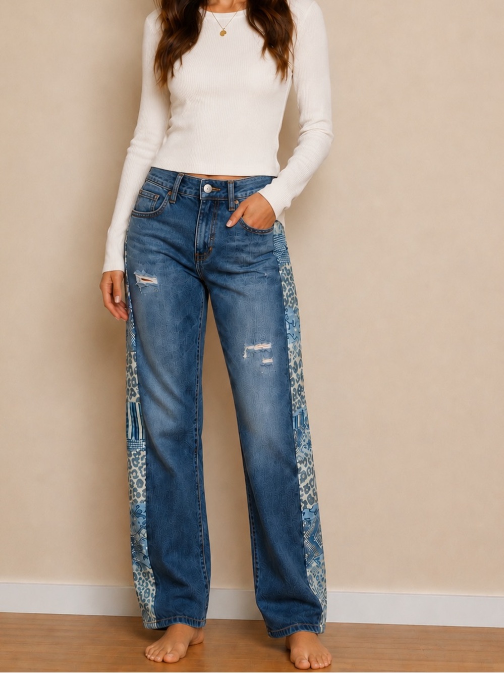 Pilcro Blue Patchwork Wide-Leg Jeans